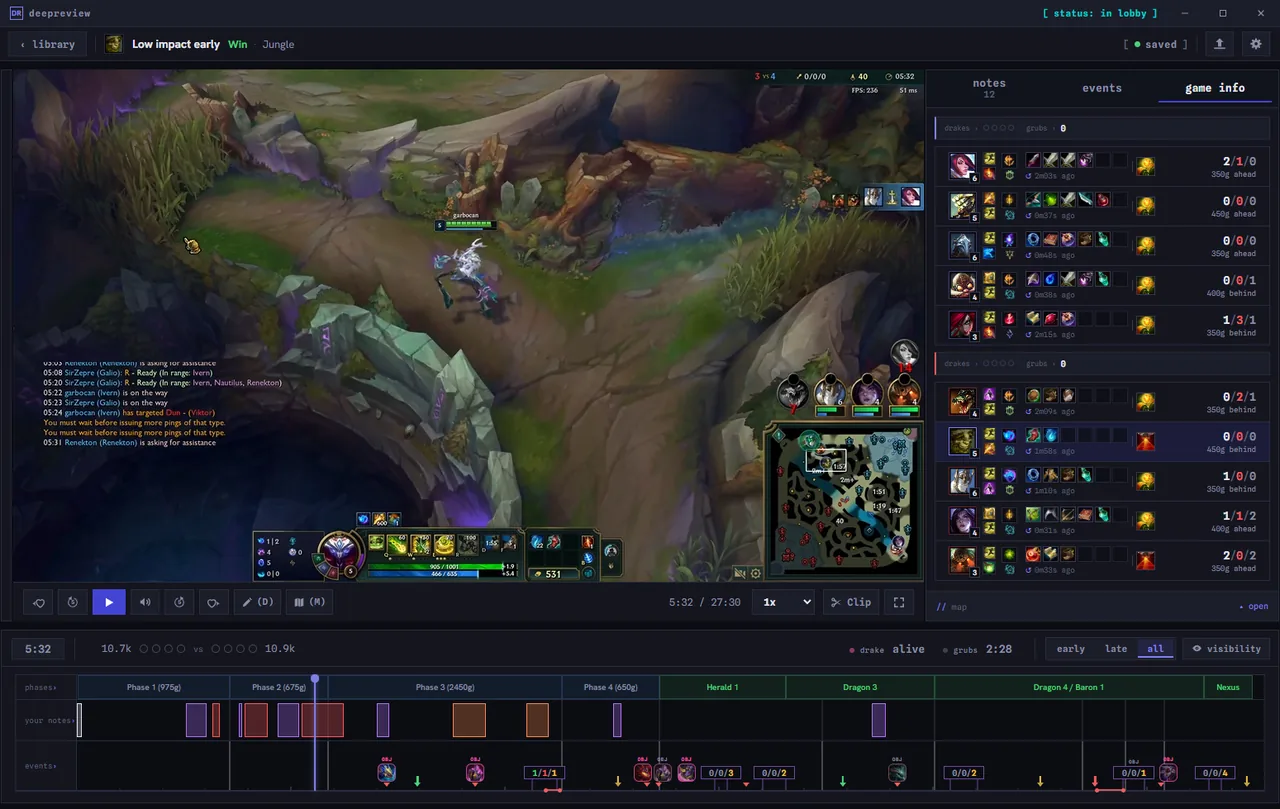 DeepReview review screen with the video, the Game Info scoreboard and the timeline
